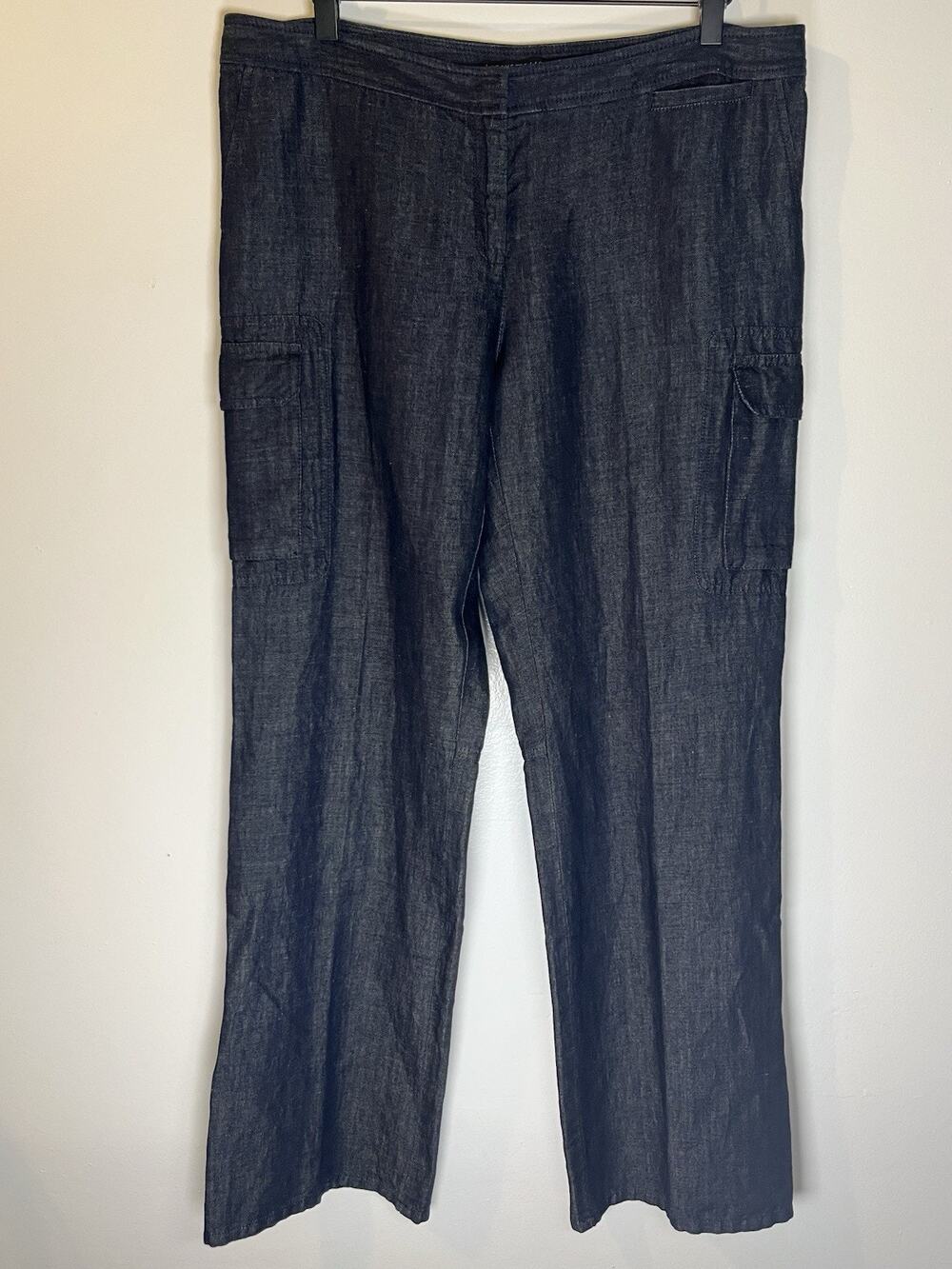 Lafayette 148 New York Linen Cotton Denim Wide Leg Cargo Pants 35in Waist NWT